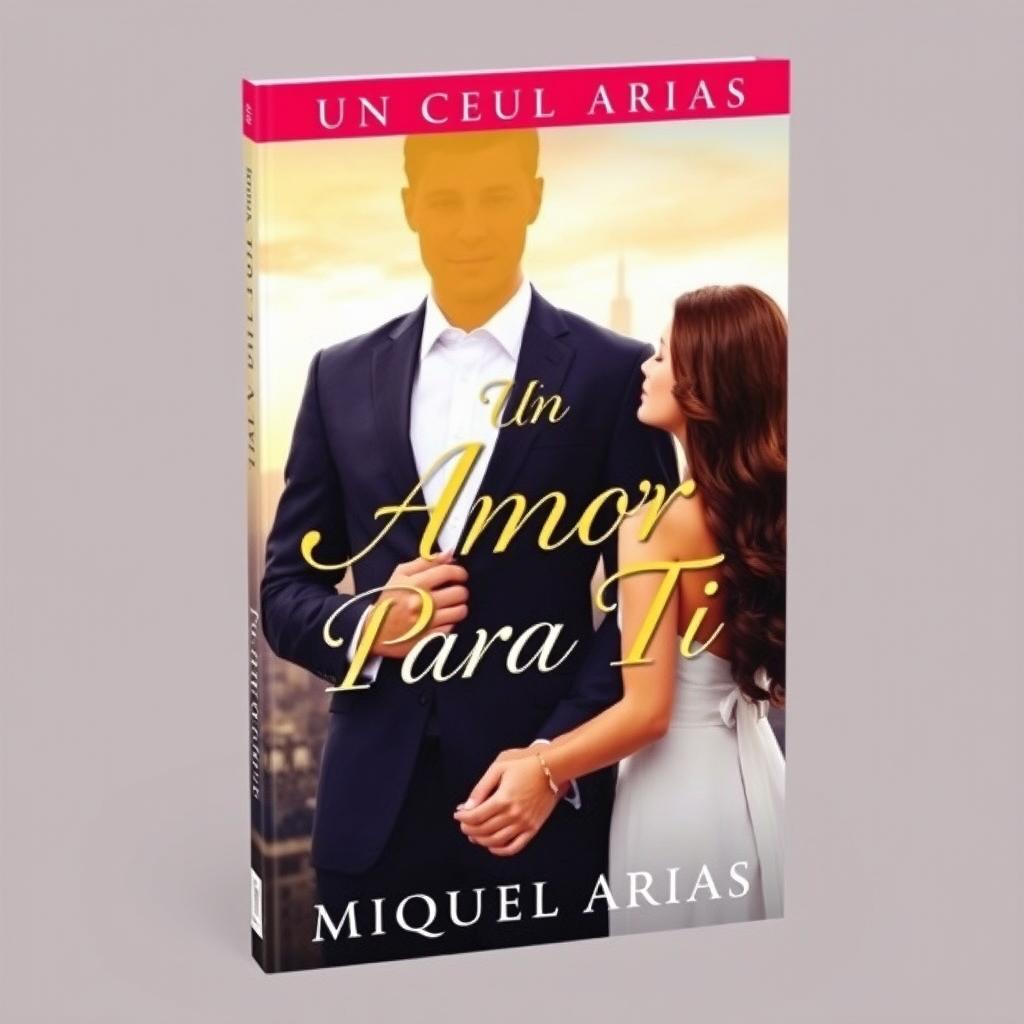 a book cover featuring a young man in an elegant suit with no visible face or head, holding the hands of a young woman, with a city skyline in the background, the title 'Un Amor Para Tí' prominently displayed in an attractive font, the author's name 'Miguel Arias' located just below the title