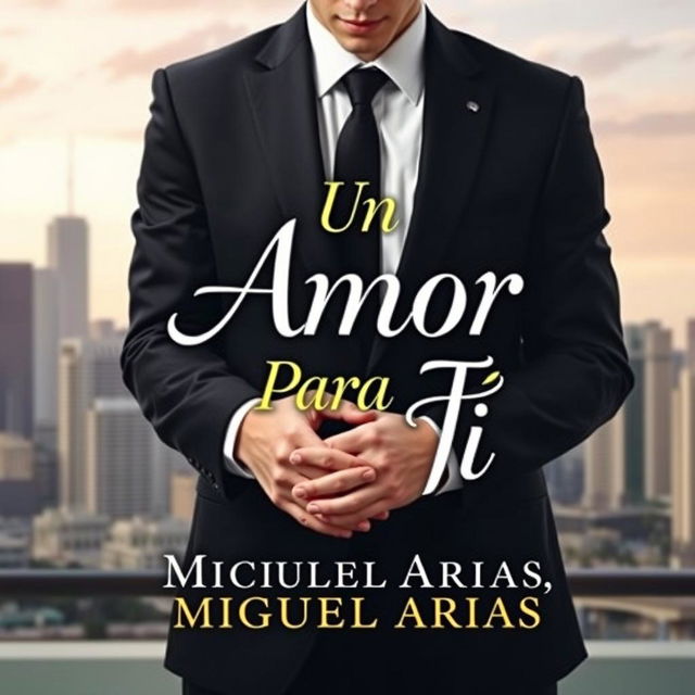 a book cover featuring a young man in an elegant suit with no visible face or head, holding the hands of a young woman, with a city skyline in the background, the title 'Un Amor Para Tí' prominently displayed in an attractive font, the author's name 'Miguel Arias' located just below the title