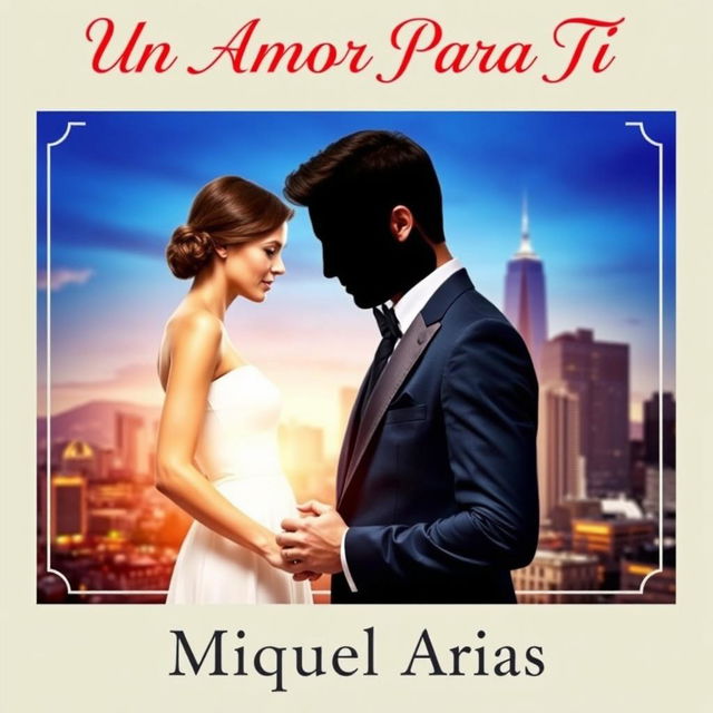 a book cover featuring a young man dressed in an elegant suit with no visible face or head, holding the hands of a young woman, a vibrant city skyline in the background, the title 'Un Amor Para Tí' displayed in an elegant font at the top, and the author's name 'Miguel Arias' at the bottom