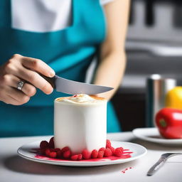 A high-quality, real-life photograph capturing a woman cutting a real white cup with a kitchen knife, which is revealed to be a cake