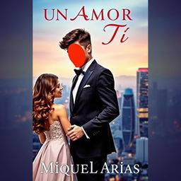 a book cover featuring a young man dressed in an elegant suit with no visible face or head, holding the hands of a young woman, a vibrant city skyline in the background, the title 'Un Amor Para Tí' displayed in an elegant font at the top, and the author's name 'Miguel Arias' at the bottom