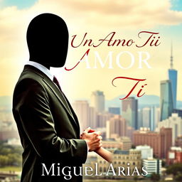 a book cover featuring a young man dressed in an elegant suit with no visible face or head, holding the hands of a young woman, a vibrant city skyline in the background, the title 'Un Amor Para Tí' displayed in an elegant font at the top, and the author's name 'Miguel Arias' at the bottom