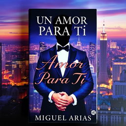 a book cover featuring a young man dressed in an elegant suit with no visible face or head, holding the hands of a young woman, a vibrant city skyline in the background, the title 'Un Amor Para Tí' displayed in an elegant font at the top, and the author's name 'Miguel Arias' at the bottom