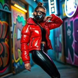 A hot slim girl with big boobs striking a bold pose in a shiny red tight puffer jacket that clings to her form perfectly