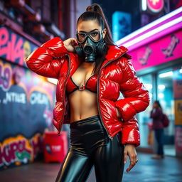 A hot slim girl with big boobs striking a bold pose in a shiny red tight puffer jacket that clings to her form perfectly