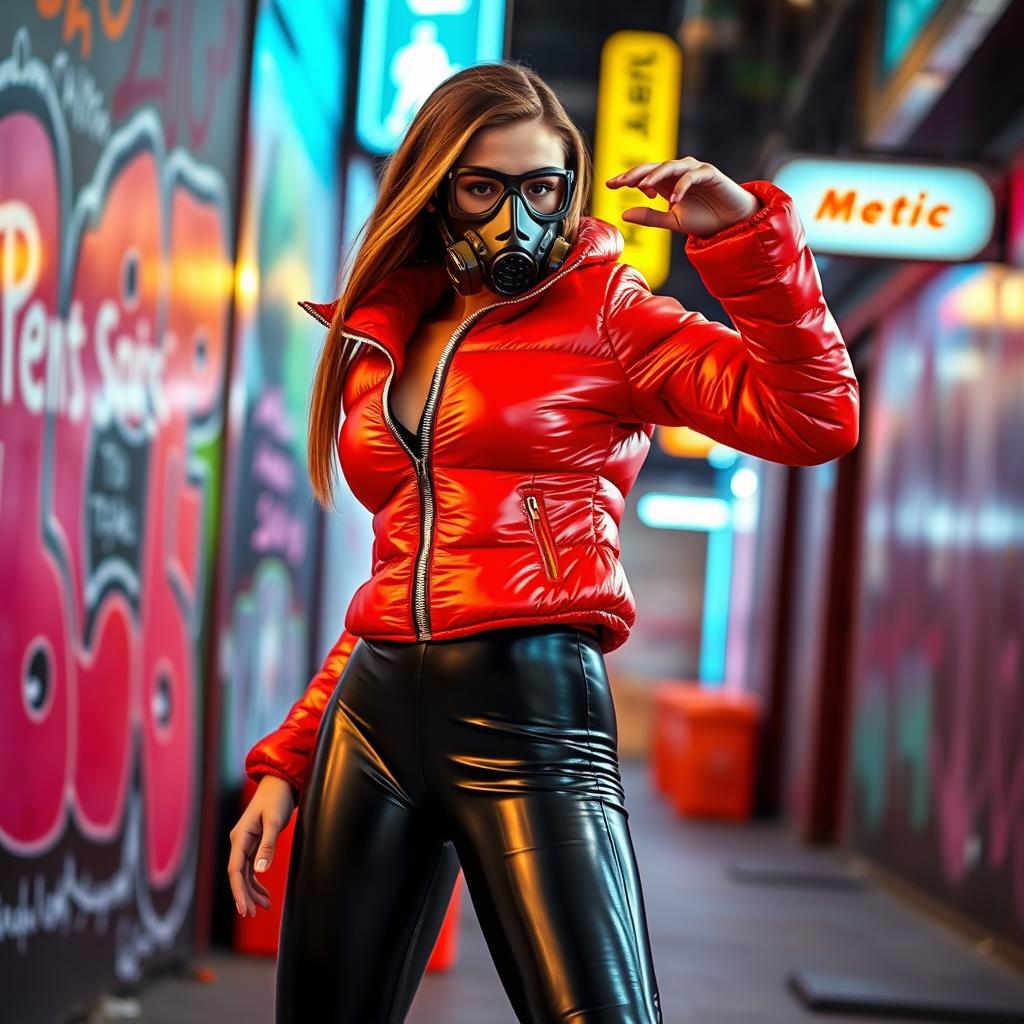 A hot slim girl with big boobs striking a bold pose in a shiny red tight puffer jacket that clings to her form perfectly