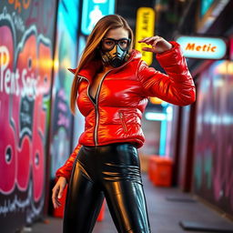A hot slim girl with big boobs striking a bold pose in a shiny red tight puffer jacket that clings to her form perfectly