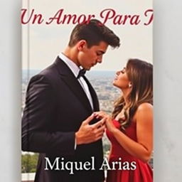 a book cover featuring a young man dressed in an elegant suit with no visible face or head, tenderly holding the hands of a young woman, a beautiful cityscape in the background, the title 'Un Amor Para Tí' artistically displayed at the top in a romantic font, and the author's name 'Miguel Arias' elegantly positioned at the bottom