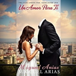 a book cover featuring a young man dressed in an elegant suit with no visible face or head, tenderly holding the hands of a young woman, a beautiful cityscape in the background, the title 'Un Amor Para Tí' artistically displayed at the top in a romantic font, and the author's name 'Miguel Arias' elegantly positioned at the bottom