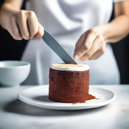 A high-quality, real-life photograph capturing a woman cutting a real white cup with a kitchen knife, which is revealed to be a cake