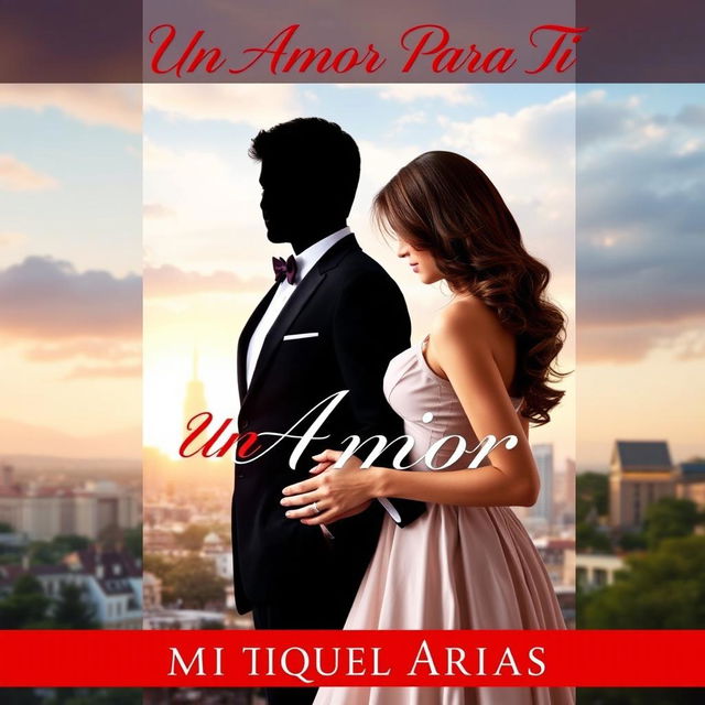 a book cover featuring a young man dressed in an elegant suit with no visible face or head, tenderly holding the hands of a young woman, a beautiful cityscape in the background, the title 'Un Amor Para Tí' artistically displayed at the top in a romantic font, and the author's name 'Miguel Arias' elegantly positioned at the bottom