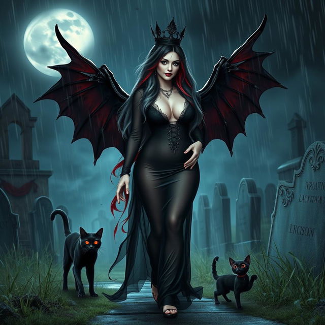 A beautiful, innocent, curvy, sexy girl with very long black, red, and silver hair walks through a graveyard at night, her sweet, soft face highlighted by dark gothic makeup