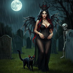 A beautiful, innocent, curvy, sexy girl with very long black, red, and silver hair walks through a graveyard at night, her sweet, soft face highlighted by dark gothic makeup