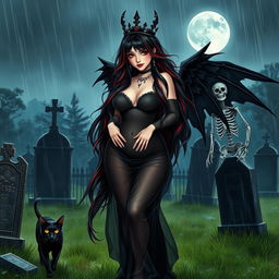 A beautiful, innocent, curvy, sexy girl with very long black, red, and silver hair walks through a graveyard at night, her sweet, soft face highlighted by dark gothic makeup