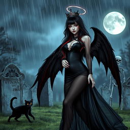 A beautiful, innocent, curvy, sexy girl with very long black, red, and silver hair walks through a graveyard at night, her sweet, soft face highlighted by dark gothic makeup