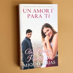 a book cover featuring a young man standing facing the viewer, with a young woman holding onto him from behind, set against a beautiful city background, the title 'Un Amor Para Tí' displayed prominently at the top in an elegant font, and the author's name 'Miguel Arias' positioned at the bottom