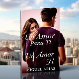 a book cover featuring a young man standing facing the viewer, with a young woman holding onto him from behind, set against a beautiful city background, the title 'Un Amor Para Tí' displayed prominently at the top in an elegant font, and the author's name 'Miguel Arias' positioned at the bottom