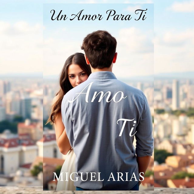 a book cover featuring a young man standing facing the viewer, with a young woman holding onto him from behind, set against a beautiful city background, the title 'Un Amor Para Tí' displayed prominently at the top in an elegant font, and the author's name 'Miguel Arias' positioned at the bottom