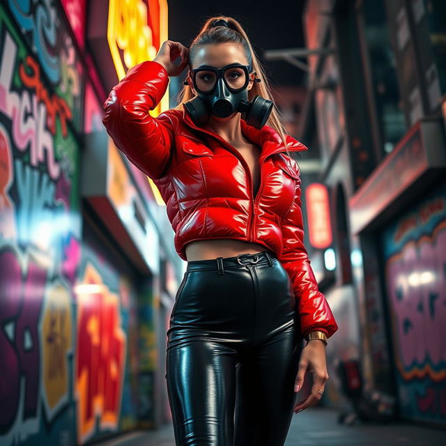A hot slim girl with big boobs confidently posing in a shiny red tight puffer jacket that fits snugly, highlighting her figure