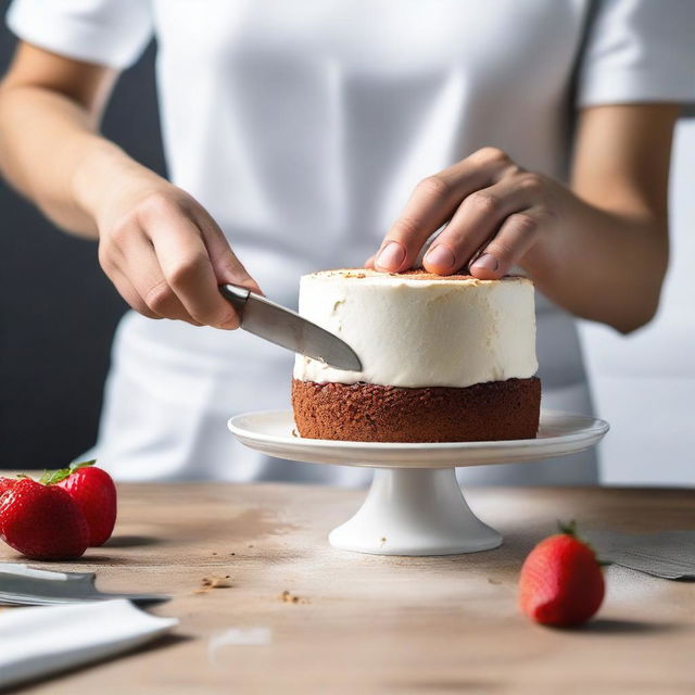 A high-quality, real-life photograph capturing a woman cutting a real white cup with a kitchen knife, which is revealed to be a cake