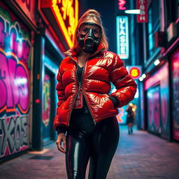 A hot slim girl with big boobs confidently posing in a shiny red tight puffer jacket that fits snugly, highlighting her figure
