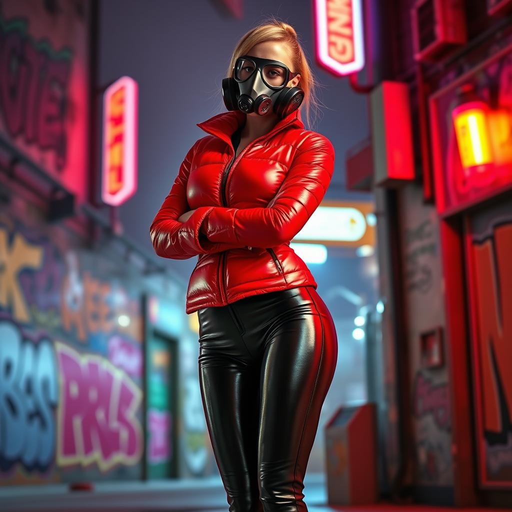 A hot slim girl with big boobs confidently posing in a shiny red tight puffer jacket that fits snugly, highlighting her figure