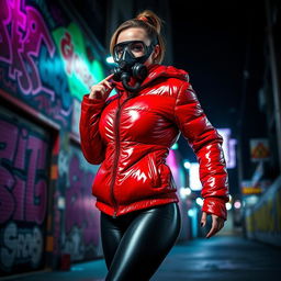 A hot slim girl with big boobs confidently posing in a shiny red tight puffer jacket that fits snugly, highlighting her figure