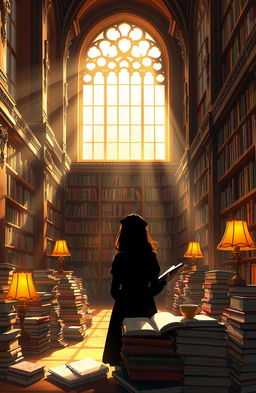 A digital painting of the shadow of a girl studying among piles of books in a grand, beautiful library