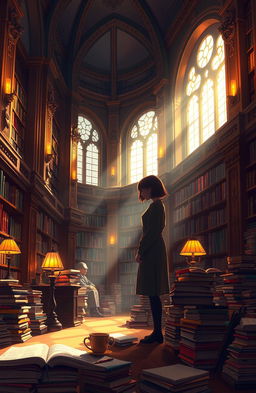 A digital painting of the shadow of a girl studying among piles of books in a grand, beautiful library