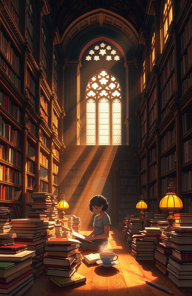 A digital painting of the shadow of a girl studying among piles of books in a grand, beautiful library