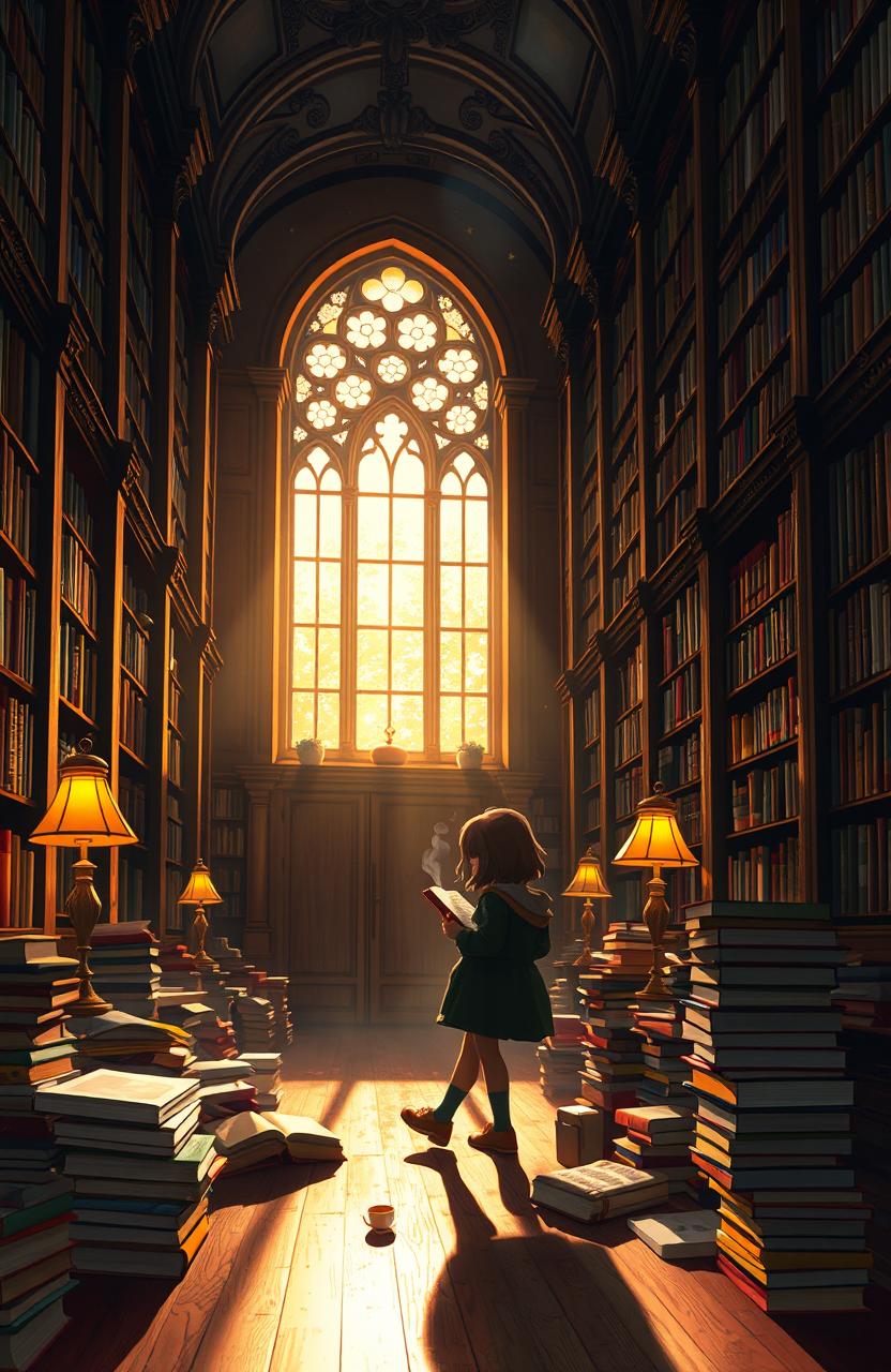 A digital painting of the shadow of a girl studying among piles of books in a grand, beautiful library