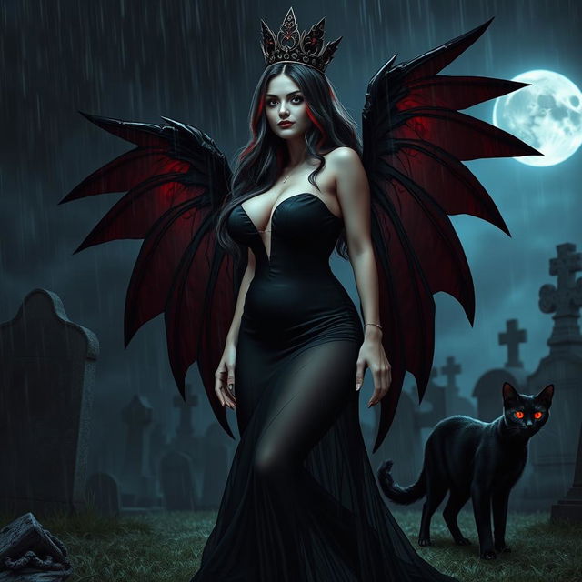 A realistic scene featuring a beautiful, innocent, curvy, sexy girl with very long black, red, and silver hair, her sweet, soft face accentuated by dark gothic makeup