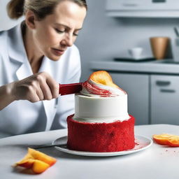 A high-quality, real-life photograph capturing a woman cutting a real white cup with a kitchen knife, which is revealed to be a cake