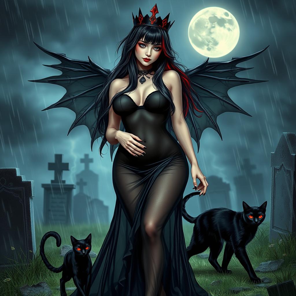 A realistic scene featuring a beautiful, innocent, curvy, sexy girl with very long black, red, and silver hair, her sweet, soft face accentuated by dark gothic makeup