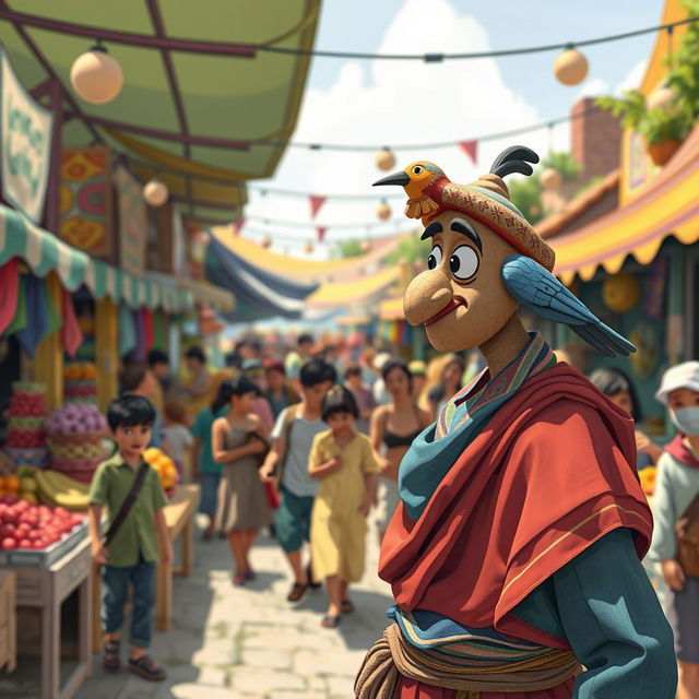 In a vibrant marketplace bustling with activity, illustrate Theo, the young potter, as he wanders through the colorful stalls filled with fruits, textiles, and crafted goods