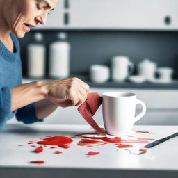 A high-resolution, real-life photograph showing a woman cutting a real white cup with a kitchen knife until it breaks