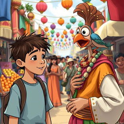 In a vibrant marketplace bustling with activity, illustrate Theo, the young potter, as he wanders through the colorful stalls filled with fruits, textiles, and crafted goods