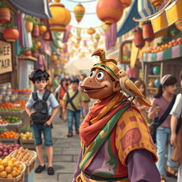 In a vibrant marketplace bustling with activity, illustrate Theo, the young potter, as he wanders through the colorful stalls filled with fruits, textiles, and crafted goods