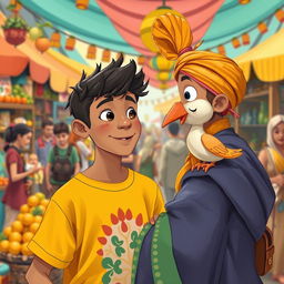 In a vibrant marketplace bustling with activity, illustrate Theo, the young potter, as he wanders through the colorful stalls filled with fruits, textiles, and crafted goods