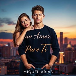 An artistic graphic design featuring a young man standing front-facing with a young woman affectionately holding onto him from behind