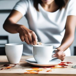 A high-resolution, real-life photograph showing a woman cutting a real white cup with a kitchen knife until it breaks