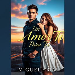 An artistic graphic design featuring a young man standing front-facing with a young woman affectionately holding onto him from behind