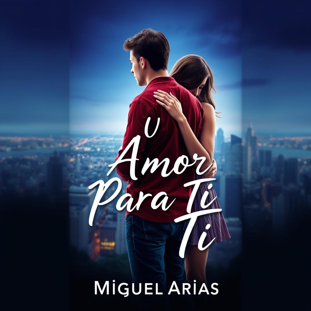 A visually striking graphic design featuring a young man standing with his back to the viewer, while a young woman affectionately holds him from behind