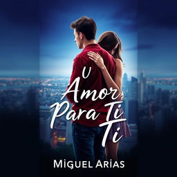 A visually striking graphic design featuring a young man standing with his back to the viewer, while a young woman affectionately holds him from behind