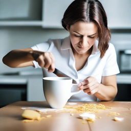 A high-resolution, real-life photograph showing a woman cutting a real white cup with a kitchen knife until it breaks