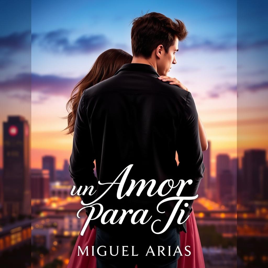 A captivating graphic design featuring a young man from a back view, with a young woman gently holding him from behind