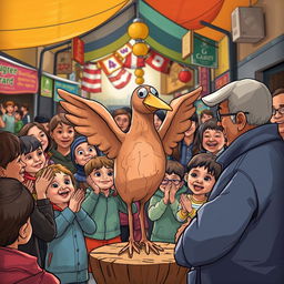 In the vibrant atmosphere of the marketplace, illustrate the street performer showcasing a crudely shaped clay bird with uneven wings and a chipped beak