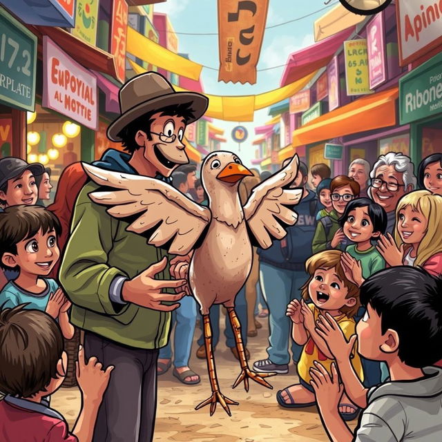 In the vibrant atmosphere of the marketplace, illustrate the street performer showcasing a crudely shaped clay bird with uneven wings and a chipped beak