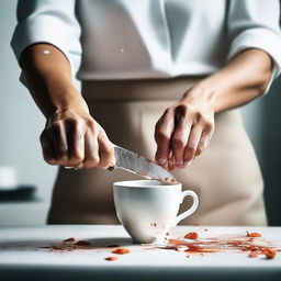 A high-resolution, real-life photograph showing a woman cutting a real white cup with a kitchen knife until it breaks