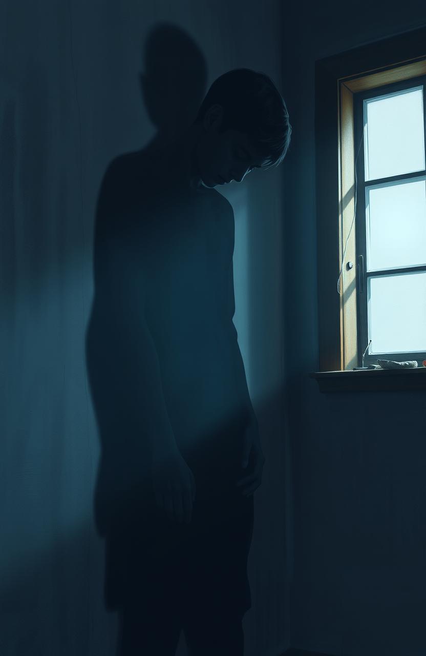 A digital painting depicting the shadow of a young man cast against a textured wall